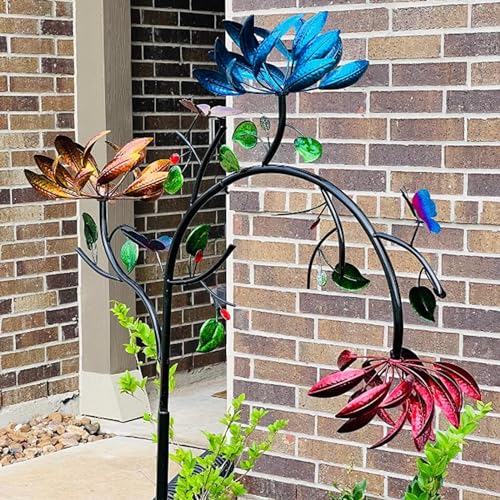 LOKORI Windrad, Wunderschönes Sommer-Windrad mit bunten Blumen, Windrad mit drehenden Blumen und bunten Gartensteckern, Windräder for Hof und Garten, Große Windskulpturen und -räder aus Metall von LOKORI