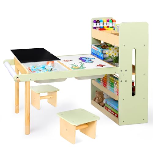 LOL-FUN Kindertisch mit 2 Stühle für Alter 3-8, Kinder Schreibtisch und Stühle Set mit Aufbewahrungsboxen & Regale, Sensorische Kunst Tisch mit Tafel Whiteboard von LOL-FUN
