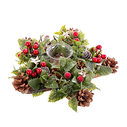 LOLAhome Tischmitte Weihnachten Tannenzapfen 1 Glaskerze mit Stechpalme und Blättern Rot und Grün Ø 28 cm von LOLAhome