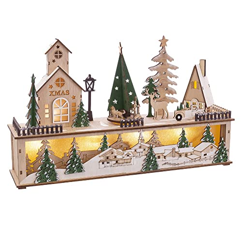 LOLAhome Weihnachtsfigur Landschaft mit Licht und Klang aus grünem Holz, 45 x 10 x 27 cm von LOLAhome