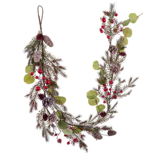 LOLAhome Weihnachtsgirlande mit Tannenzapfen Stechpalme und grünen Blättern aus Kunststoff, 150 cm von LOLAhome