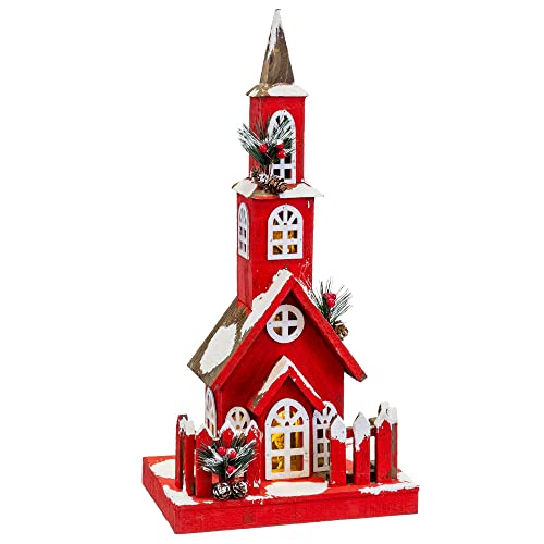 LOLAhome Weihnachtshaus mit 10 batteriebetriebenen Lichtern, Holz, rot, 17 x 18 x 56 cm von LOLAhome