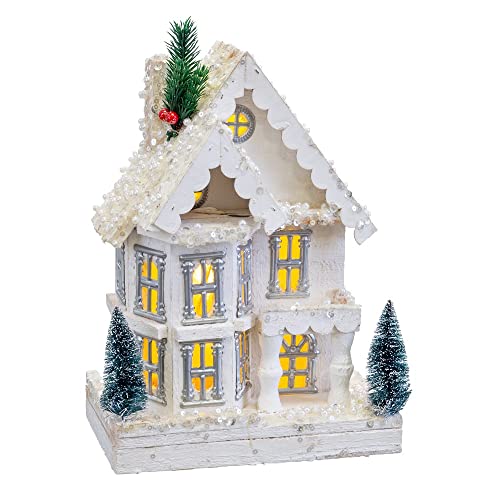 LOLAhome Weihnachtshaus mit 5 batteriebetriebenen Lichtern, aus weißem Holz, 23 x 14 x 32 cm von LOLAhome