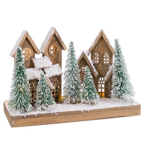 LOLAhome Weihnachtshaus mit Schnee aus Holz, braun, mit Licht, 45 x 18 x 30 cm von LOLAhome