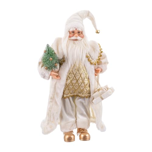 LOLAhome Weihnachtsmann mit Geschenken aus weißem und goldenem Stoff, 45,7 cm von LOLAhome