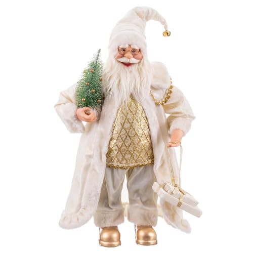 LOLAhome Weihnachtsmann mit Geschenken aus weißem und goldenem Stoff, 60 cm von LOLAhome