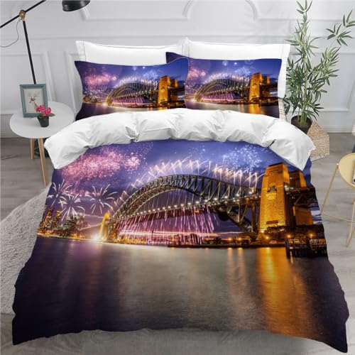 Bettwäsche Einzelbett 155X220 Hafenbrücke Bettwäsche Set 3 Teilig Leicht Mikrofaser kuschelig pflegeleicht Sydney 3D Motiv Bettbezüge mit Reißverschluss mit 2 Kissenbezüge 80x80 von LOLEIA