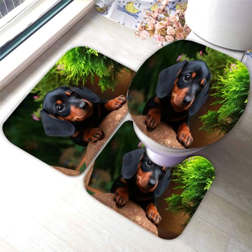 LOLEIA Dackel Badteppiche Set 3 Teilig Mikrofaser Badvorleger Grün Rutschfestt Waschbar Badematte U-FöRmiger Wc-Vorlegermit Deckelbezug FüR Badewanne Dusche Badezimmer 50x80 von LOLEIA
