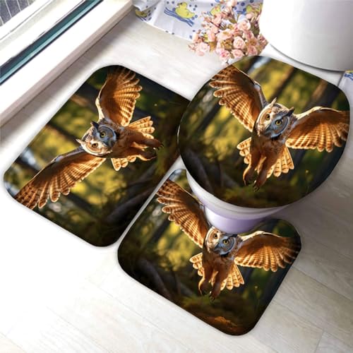 LOLEIA Eule Badteppiche Set 3 Teilig Mikrofaser Badvorleger Wald Rutschfestt Waschbar Badematte U-FöRmiger Wc-Vorlegermit Deckelbezug FüR Badewanne Dusche Badezimmer 50x80 von LOLEIA