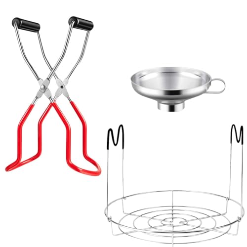 LOLIPPYY 3 Stück Teiliges Edelstahl Einmachglas Set mit Trichter Hebezange und Klappbarem Einmachgestell Spülmaschinenfest Hitzebeständig Rutschfeste Griffe für Sicheres Zufällige Farbe von LOLIPPYY