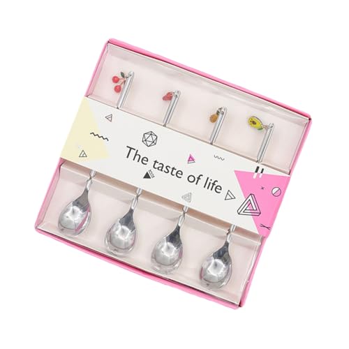 LOLIPPYY 4 STÜCKE Teiliges Edelstahl Dessertlöffel mit Kreativem Früchte aufhänge design Langlebige Elegante Küchenlöffel für Servieren und Rühren Spülmaschinenfest Komfortabel zu Halten von LOLIPPYY