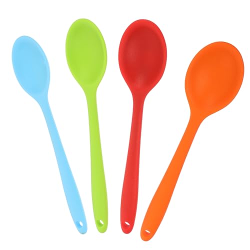 LOLIPPYY 4 Stück Teiliges Mini Silikon Salatlöffel Multifunktional Leicht Glatt Bpa Frei Praktische Küchenspoons für Suppe Porridge Reis Farbig Rot Blau Grün Orange von LOLIPPYY