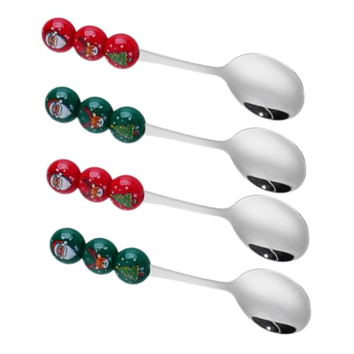 LOLIPPYY 4 Stück Weihnachtliche Edelstahl Dessertlöffel mit Santa Rentier Weihnachtsbaum Motiven Bunte Kaffeelöffel für Festliche Partys und Gemütliche Feiertagsessen von LOLIPPYY