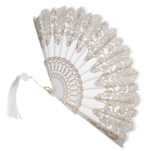 LOLIPPYY Heißpräge-Quastenfächer Vintage Handfächer Kleiner Lüfter faltbar Seide Tragbarer Handventilator Handheld -Faltventilator -Handheld Handlüfter Stickfan pp Weiß von LOLIPPYY