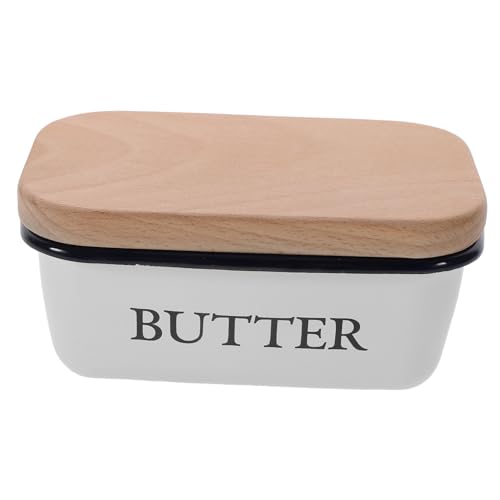 LOLIPPYY Kleine Butterdose aus Emaille mit Holzdeckel Quadratische Aufbewahrungsbox für Butter und Käse Stilvoller Butterhalter für Küche und Gastronomie Praktische Käse Frischebox von LOLIPPYY