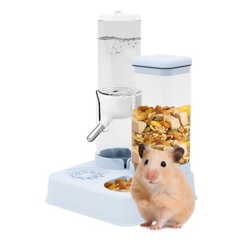 LOLLBIRD 2-in-1 Hamster-Wasserflasche und verbesserter Futterspender – 35 % größere Futterkapazität, auslaufsicheres Design für Glastanks/Drahtkäfige, Kleintierzubehör (Blau, 12,4 cm + 13,9 cm + 14,5 von LOLLBIRD