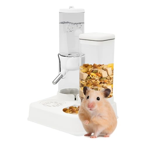 LOLLBIRD 2-in-1 Hamster-Wasserflasche und verbesserter Futterspender – 35 % größere Futterkapazität, auslaufsicheres Design für Glastanks/Drahtkäfige, Kleintierzubehör (Weiß, 12,4 cm + 13,9 cm + 14,9 von LOLLBIRD