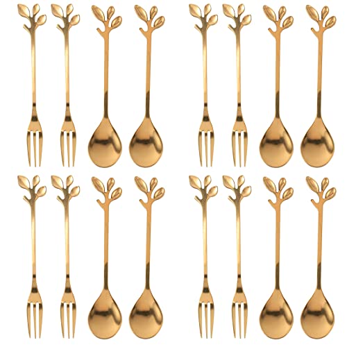 LOLPALONE Leaf Kaffeelöffel Gabeln, 16 Packungen (8 Löffel 8 Gabeln) Kleine Demitasse Espresso Löffel und Vorspeise Dessert Forks Set, 4,7 Zoll Tea Löffel Set von LOLPALONE