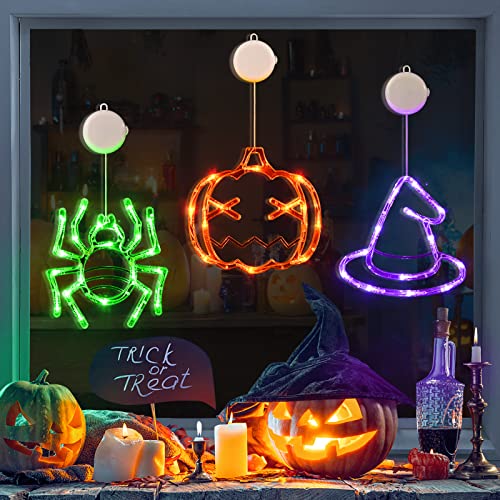 LOLStar Halloween-Dekorationen, orangefarbener Kürbis, grüne Spinne und lila Hexenhut, Halloween-Fensterlichter mit Saugnapf, batteriebetriebene Innenbeleuchtung für Halloween-Fensterdekoration von LOLStar