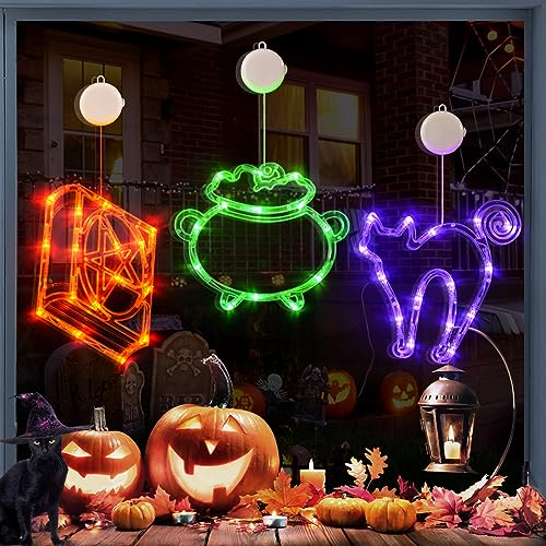 LOLStar Halloween-Lichter, 3 Packungen Zauberbuch, Katze und Kessel, Halloween-Lichter mit Saugnapf, Upgrade-Timer und langsamer Verblassungsmodus, batteriebetriebene Innenlichter für von LOLStar