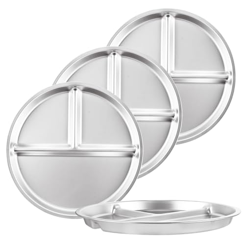 LOLYSIC 4 Stück Edelstahl Kinderteller, 3 Abschnitte Edelstah Tablett, 23 cm Portionskontrollteller Geteilte Teller, Unterteiltes Tablett für Kleinkinder, für Camping, Menschen mit Adipositas von LOLYSIC