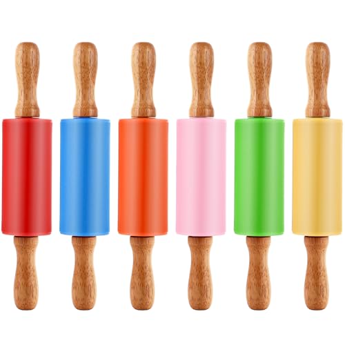 LOLYSIC 6 Stück Silikon Nudelholz, Mini Nudelholz Kinder, Holzgriff Nudelholz, Silikon Teigroller, Back-Nudelhölzer, Fondant Roller, Teigroller Klein für Küche Backen Pizza Kekse Gebäck Fondant Kinder von LOLYSIC