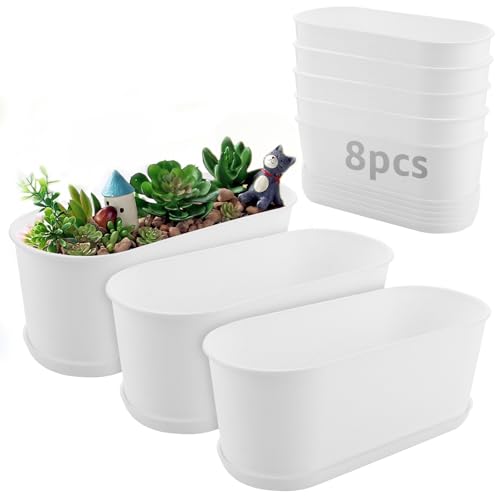 LOLYSIC 8 Stück Kräutertopf mit Tablett, Balkonkasten Balkon, Bonsai-Topf, Innen & Außen Geeignet, Rechteckiger Pflanzkasten, Weißes Plastik Pflanzgefäß für Garten, Fensterbank（22.8 x 9 x 8.2 cm） von LOLYSIC