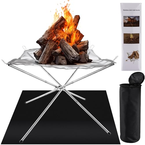 LOLYSIC Tragbare Feuerstelle für Camping, 56 x 56 x 43 cm, Edelstahl-Mesh-Feuerstelle, faltbare Feuerstelle mit Tragetasche, kleines Lagerfeuer mit hitzebeständiger Matte, für Outdoor, Garten von LOLYSIC