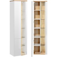 Badezimmer Hochschrank mit LED-Beleuchtung BERMUDA-56 in weiß Hochglanz mit Wotaneiche B/H/T 45/170/33cm von LOMADOX