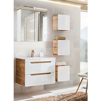 Lomadox - Badezimmer Set Hochglanz weiß mit Wotan Eiche Nb. LUTON-56 mit 81 cm Waschtisch & LED-Spiegelschrank, b/h/t ca. 130/200/46 cm von LOMADOX