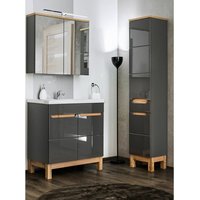 Lomadox - Badezimmer Set mit 80cm Keramik-Waschtisch & LED-Spiegelschrank SOLNA-56 in Hochglanz grau mit Eiche, b/h/t ca.: 130/200/46 cm von LOMADOX