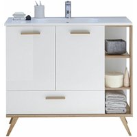 Badezimmer Waschtisch MALANJE-66 Unterschrank und Waschbecken, in weiß glänzend & Riviera Eiche quer Nb. - b/h/t: 101/89,5/46cm Badezimmer Waschtisch MALANJE-66 Unterschrank und Waschbecken, in weiß glänzend & Riviera Eiche quer Nb. - b/h/t: 101/89,5/46cm von LOMADOX