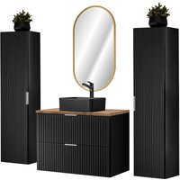 Badezimmer komplett Set, mit 2 Hochschränken, Keramik Waschbecken und ovalem led Spiegel, schwarz matt mit Eiche Nb., Front gerillt, von LOMADOX