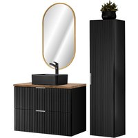 Badezimmer komplett Set, mit ovalem LED Spiegel, Keramik Waschbecken und Hochschrank, schwarz matt mit Eiche Nb., Front gerillt, ADELAIDE-56-BLACK, von LOMADOX