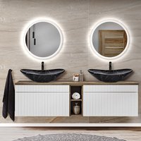 Lomadox - Badezimmermöbel Set 180cm Waschtischunterschrank mit 2 Aufsatzwaschbecken, 2 led Spiegel IRAKLIO-56 in weiß matt mit Vintage Eiche Nb., von LOMADOX