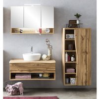 Badezimmermöbel Set in Wotan Eiche Nb. mit Baumkantenoptik KAHLA-03 Aufsatzwaschbecken und LED Spiegelschrank, B/H/T: ca. 181/200/52 cm von LOMADOX
