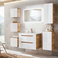 Lomadox - Badezimmermöbel Set mit 81 cm Waschtisch & LED-Spiegel LUTON-56 Hochglanz weiß mit Wotan Eiche Nb., b/h/t ca. 180/200/46 cm von LOMADOX