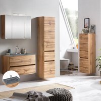 Lomadox - Badmöbel Kombination in Wotaneiche Nb. LAURIA-03 4-tlg. mit Glasbecken grau, 3D Spiegelschrank inkl. LED-Beleuchtung, BxHxT: ca. 200x200x49 von LOMADOX