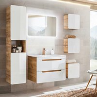 Lomadox - Badmöbel Komplett-Set mit 81 cm Keramik-Waschtisch & LED-Spiegel LUTON-56 Hochglanz weiß mit Wotan Eiche Nb., b/h/t ca. 180/200/46 cm von LOMADOX