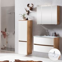 Badmöbel Set 3-tlg. in Wotaneiche Nachbildung mit matt weiß LAURIA-03 mit Glasbecken weiß, inkl. LED-Beleuchtung, BxHxT: ca. 140x200x49 cm von LOMADOX