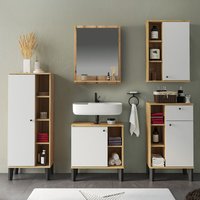 Badmöbel-Set 5-teilig mit Waschbeckenunterschrank 60 cm, Midischrank, in Eiche mit weiß OLEAN-61 von LOMADOX