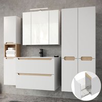 Badmöbel Set Hochglanz weiß mit Trüffel-Buche SOFIA-107 80cm Keramik-Waschtisch & LED Spiegelschrank, B/H/T ca. 210/200/46 cm von LOMADOX