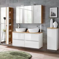 Badmöbel Set Hochglanz weiß & Wotaneiche TOSKANA-56 mit Waschtisch inkl. Keramik-Waschbecken, LED-Spiegelschrank und Wäschesammler, von LOMADOX