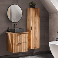 Badmöbel Set Wotaneiche mit Rillenoptik 60 cm Waschtisch-Unterschrank mit Keramik Waschbecken 2 Hochschränke LED-Spiegel von LOMADOX