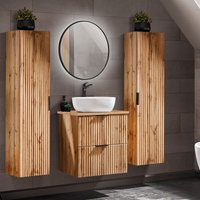 Badmöbel Set Wotaneiche mit Rillenoptik LED-Spiegel & 60 cm Waschtisch-Unterschrank mit Waschbecken, 2 Hochschränke von LOMADOX