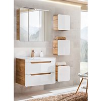 Lomadox - Badmöbel Set in Hochglanz weiß mit Wotan Eiche Nb. LUTON-56 mit LED-Spiegelschrank, b/h/t ca. 130/200/46 cm von LOMADOX