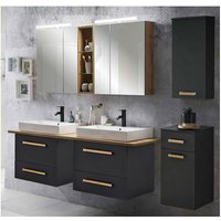 Lomadox - Badmöbel Set in anthrazit mit Eiche Landhaus DABO-04 mit 165cm Keramik-Waschtisch und LED-Spiegelschrank, b/h/t ca. 210/200/50 von LOMADOX