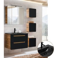 Badmöbel Set in seidenmatt anthrazit mit Wotan Eiche Nb. NEW-LUTON mit 81 cm Keramik-Waschtisch & LED-Spiegelschrank, B/H/T ca. 130/200/46 cm von LOMADOX