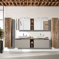 Lomadox - Badmöbel Set in taupe mit Vintage Eiche PUEBLA-56-TAUPE Doppel-Waschtisch mit 2 Keramik-Waschbecken, 2 LED-Spiegelschränke & 2 von LOMADOX