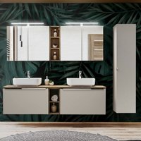 Badmöbel Set in taupe mit Vintage Eiche PUEBLA-56-TAUPE Doppel-Waschtisch mit 2 Keramik-Waschbecken, 2 LED-Spiegelschränke & Hochschrank, B/H/T von LOMADOX